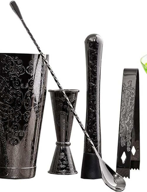 Bartender Kit Cocktail Shaker Set-7 Pieces Stainless Steel Black Plated Etching Bar Tools with Boston Shaker Tins,Mixing Spoon,Mojito Muddler,Japanese Double Jigger,Hawthorne Strainer