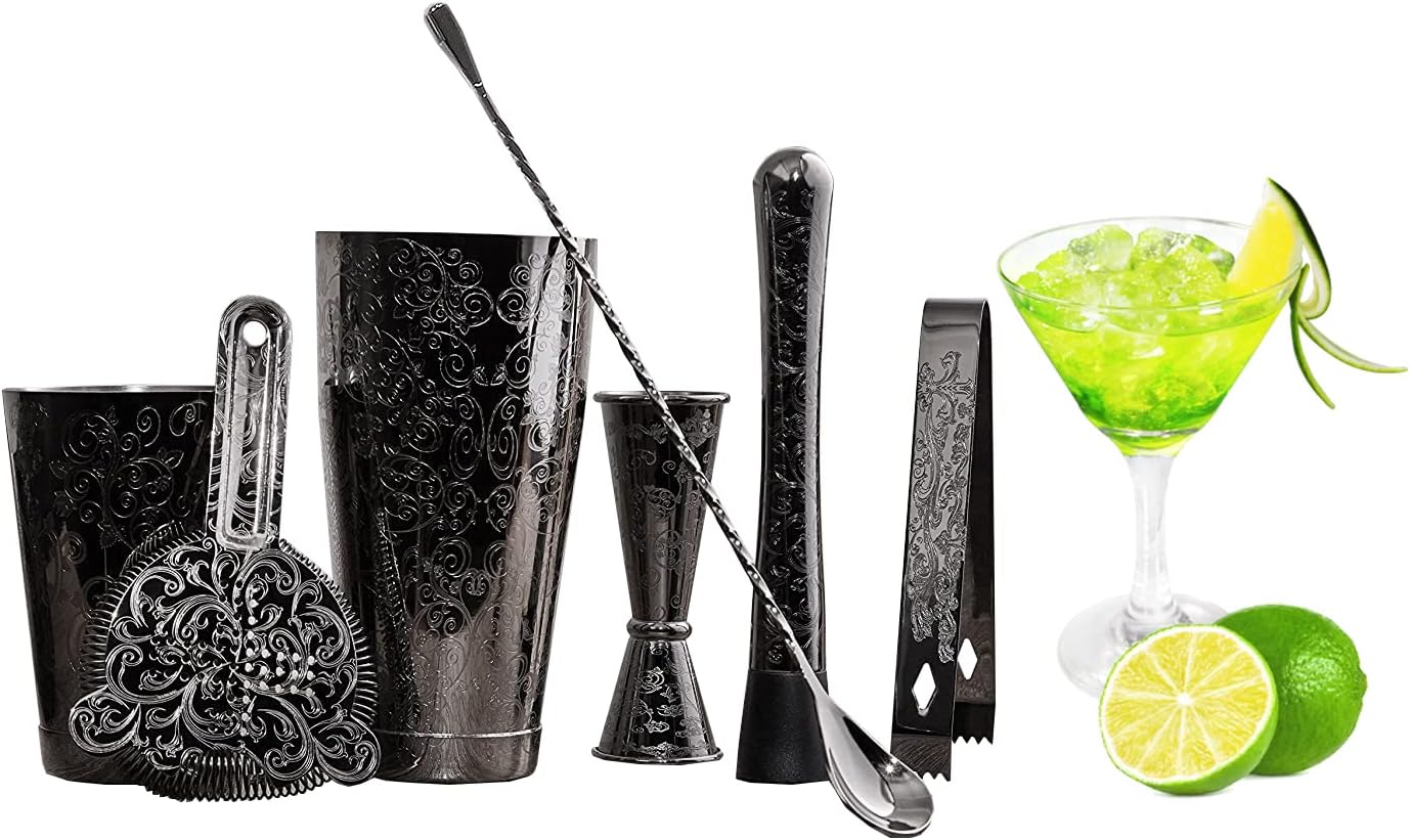 Bartender Kit Cocktail Shaker Set-7 Pieces Stainless Steel Black Plated Etching Bar Tools with Boston Shaker Tins,Mixing Spoon,Mojito Muddler,Japanese Double Jigger,Hawthorne Strainer