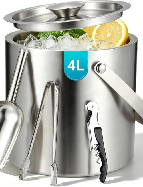4L Portable Ice Buckets for Parties Double Wall Stainless Steel Ice Bucket with Lid, Scoop, Tongs, Bottle Opener Drink Vacuum Insulated Container for Freezer Cocktail Home Bar Accessories