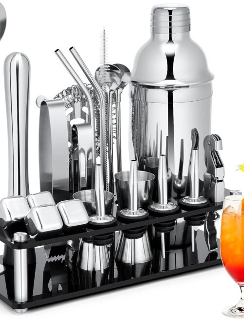 Cocktail Shaker Set, 23-Piece Stainless Steel Bartender Kit with Acrylic Stand & Cocktail Recipes Booklet, Professional Bar Tools for Drink Mixing, Home, Bar, Party (Include 4 Whiskey Stones)