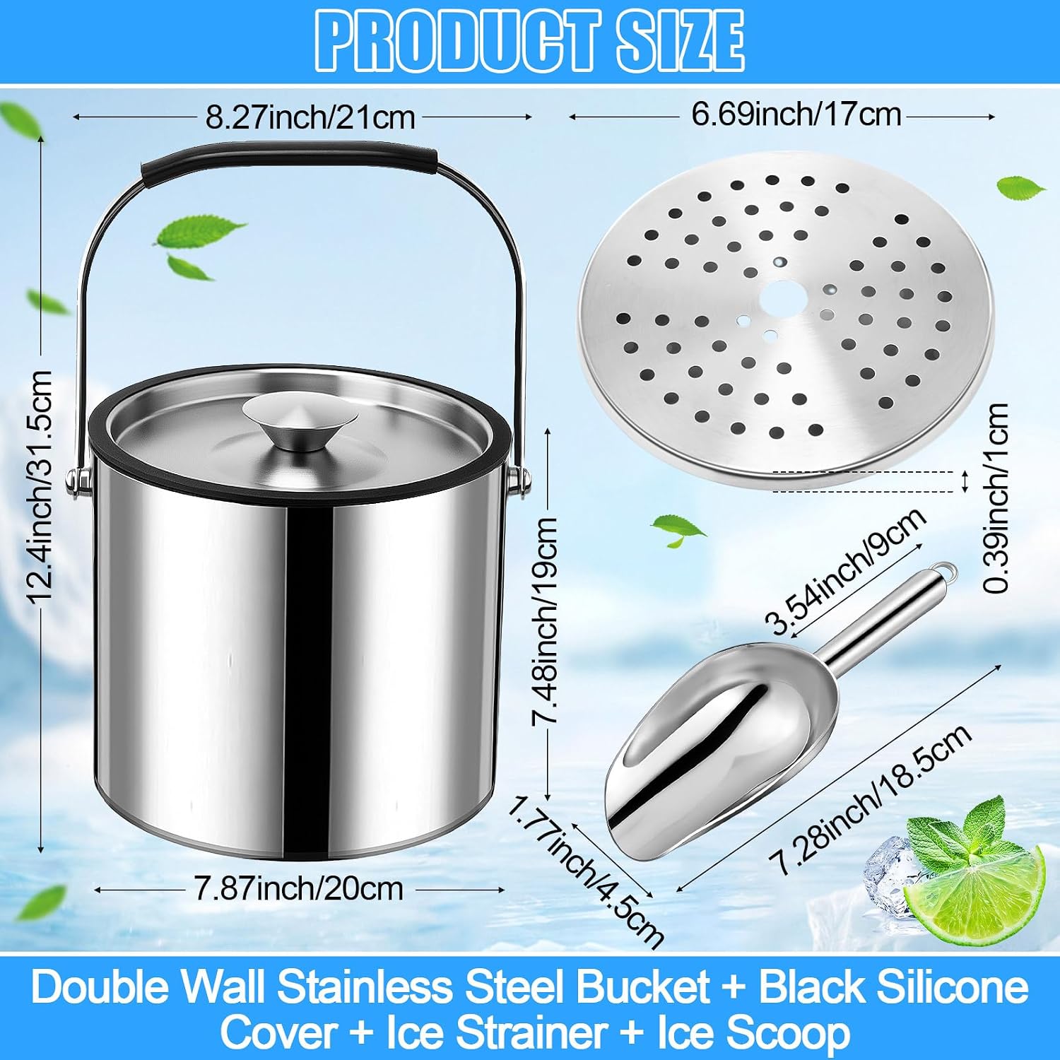 4 L Double Wall Insulated Ice Bucket with Lid, Scoop, Strainer, Handle Large Stainless Steel Wine Ice Bucket Upgraded Cover Keep Frozen Longer for Cocktail Bar Parties(Silver) - Image 2