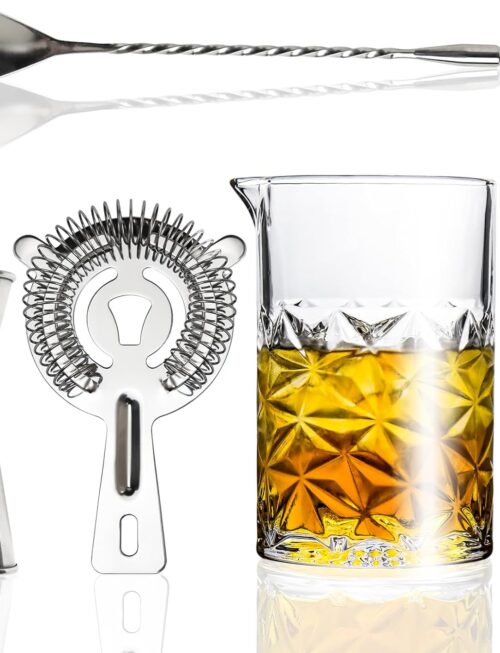 Cocktail Mixing Glass Kit, 24 OZ Crystal Stirring Glass with Stainless Steel Bar Tools – 2 OZ 1 OZ Jigger, Muddler, Strainer, Spoon, Recipe – Bartender Gifts for Men, Elegant Barware for Home & Party