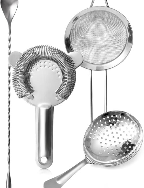 Cocktail Strainer Set – Bar tools Stainless Steel Includes Hawthorne Strainer, Julep & Fine Mesh Cocktail Strainers, Mixing Spoon – Drink Shaker Strainer for Bartending