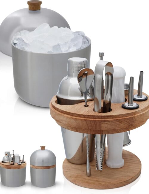 Cocktail Set Bartender Kit with Stainless Steel Ice Bucket - Complete Mixology Bar Tool Set with Wooden Organizer, Cocktail Shaker, Jigger, Muddler, Spoon, Tongs, Pourers, Recipe Cards