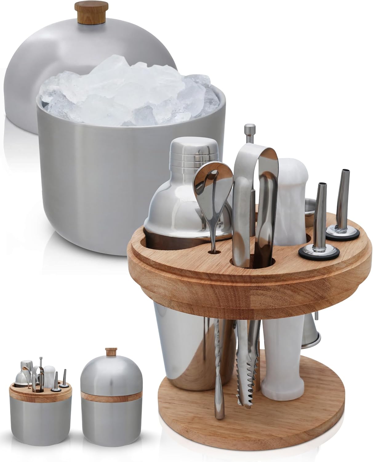 Cocktail Set Bartender Kit with Stainless Steel Ice Bucket - Complete Mixology Bar Tool Set with Wooden Organizer, Cocktail Shaker, Jigger, Muddler, Spoon, Tongs, Pourers, Recipe Cards