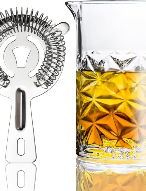 Cocktail Mixing Glass with Strainer Set, 24 oz Crystal Stirring Glass with 304 Stainless Steel Strainer, Elegant and Professional Barware Tools, Bartender Gifts for Men, Housewarming Gift