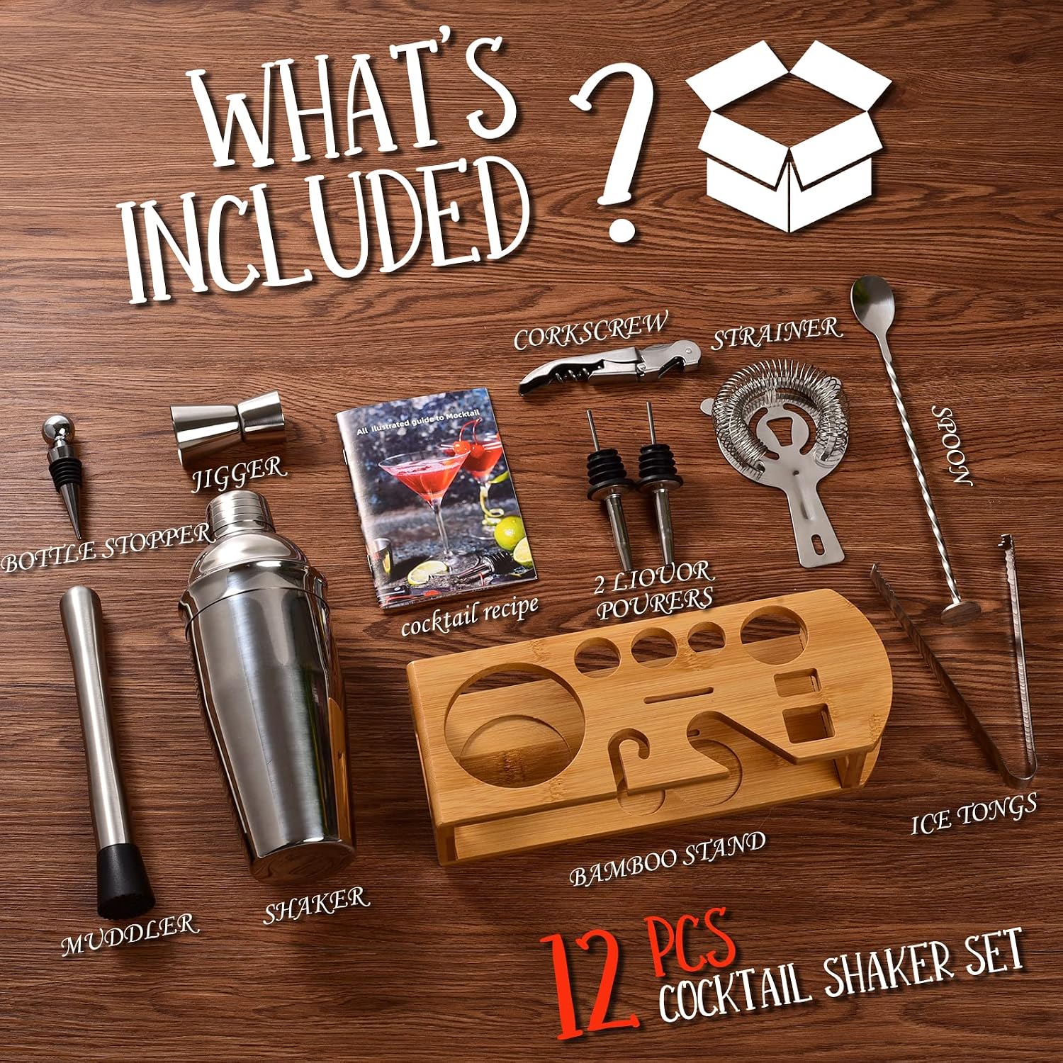 Cocktail Shaker Set Bartender Kit : 12-Piece Bar Tool Set with Bamboo Stand | Bars Set with All Practical Bar Accessories, for Drink Mixing, Bar, Home, Lounge & Party (Silver) - Image 2
