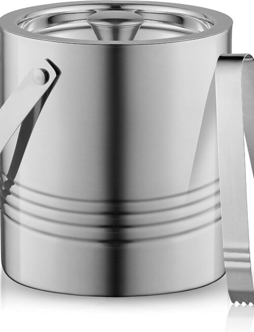 Metal Double Wall Ice Bucket with Lid, Ice Tongs and Strainer. 3L Insulated Ice Bucket for Cocktail Bar, Wine, Home Bar Accessories, Parties, Champagne Bucket. Stainless Steel Ice Buckets