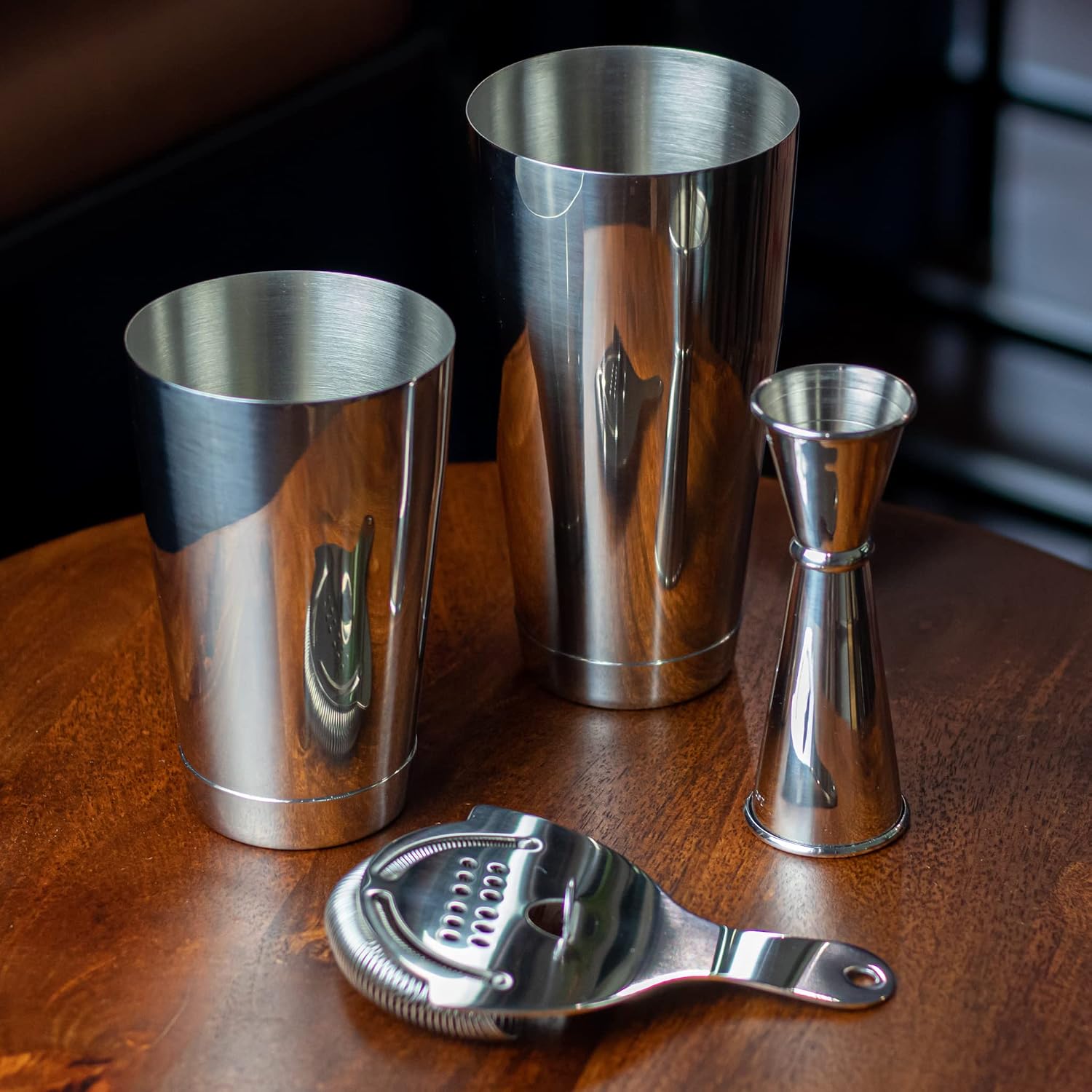 Professional Cocktail Shaker Set Bartending Kit: Weighted Boston Shaker Tins, Hawthorne Strainer and Japanese Jigger - Image 2
