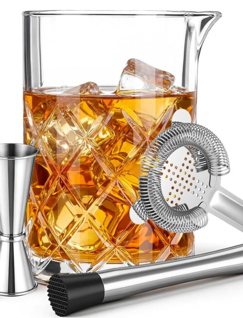 5 Pieces Cocktail Mixing Glass Set, Bar Cocktail Mixing Kits for Bartender 23oz Crystal Thick Bottom Glass with Muddler, Jigger, Strainer and Spoon Gifts for Men Amateurs Home & Party Supplies