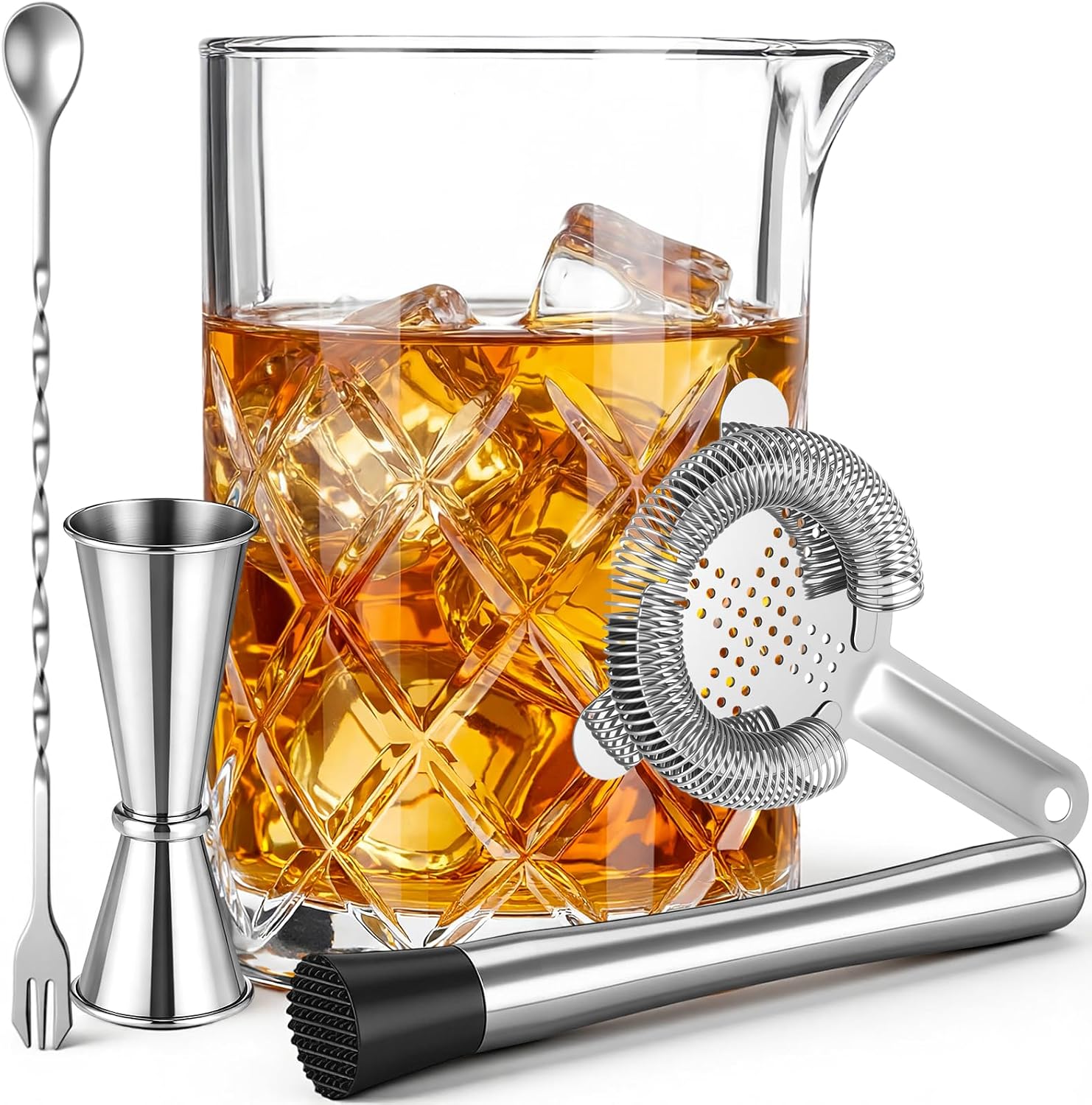 5 Pieces Cocktail Mixing Glass Set, Bar Cocktail Mixing Kits for Bartender 23oz Crystal Thick Bottom Glass with Muddler, Jigger, Strainer and Spoon Gifts for Men Amateurs Home & Party Supplies