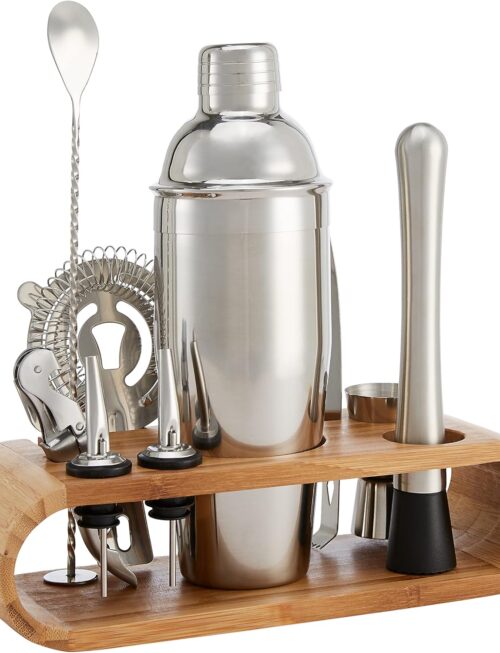 10-Piece Stainless Steel Cocktail Shaker Bar Tool Set with Bamboo Stand Holder, Home Bar Drink Mixing Accessories, Housewarming Gift