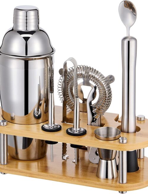 Cocktail Shaker Set Bartender Kit - 11 Pcs Bar Tool Set with Bamboo Stand & All Bar Accessories: Martini Shaker, Strainer,Jigger, Muddler, Mixer Spoon Barware Kit, for Bar, Home Lounge & Party