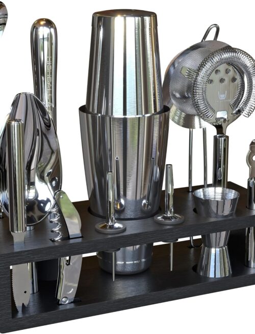 Highball & Chaser 13-Piece Boston Cocktail Shaker Set Stainless Steel Mixology Bartender Kit With Stand For Home Bar Cocktail Set | Laser Engraved Cocktail Tools | Plus E-Book with 30 Cocktail Recipes