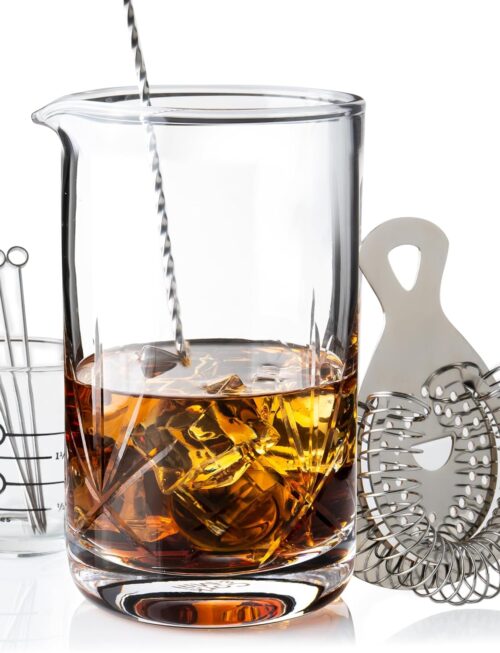 Cocktail Mixing Glass, Old Fashioned Kit, Large 24 oz Crystal Cocktail Mixer for Bartenders, 9-Piece Home Bar Accessories Set for Manhattans and Other Whiskey Drinks
