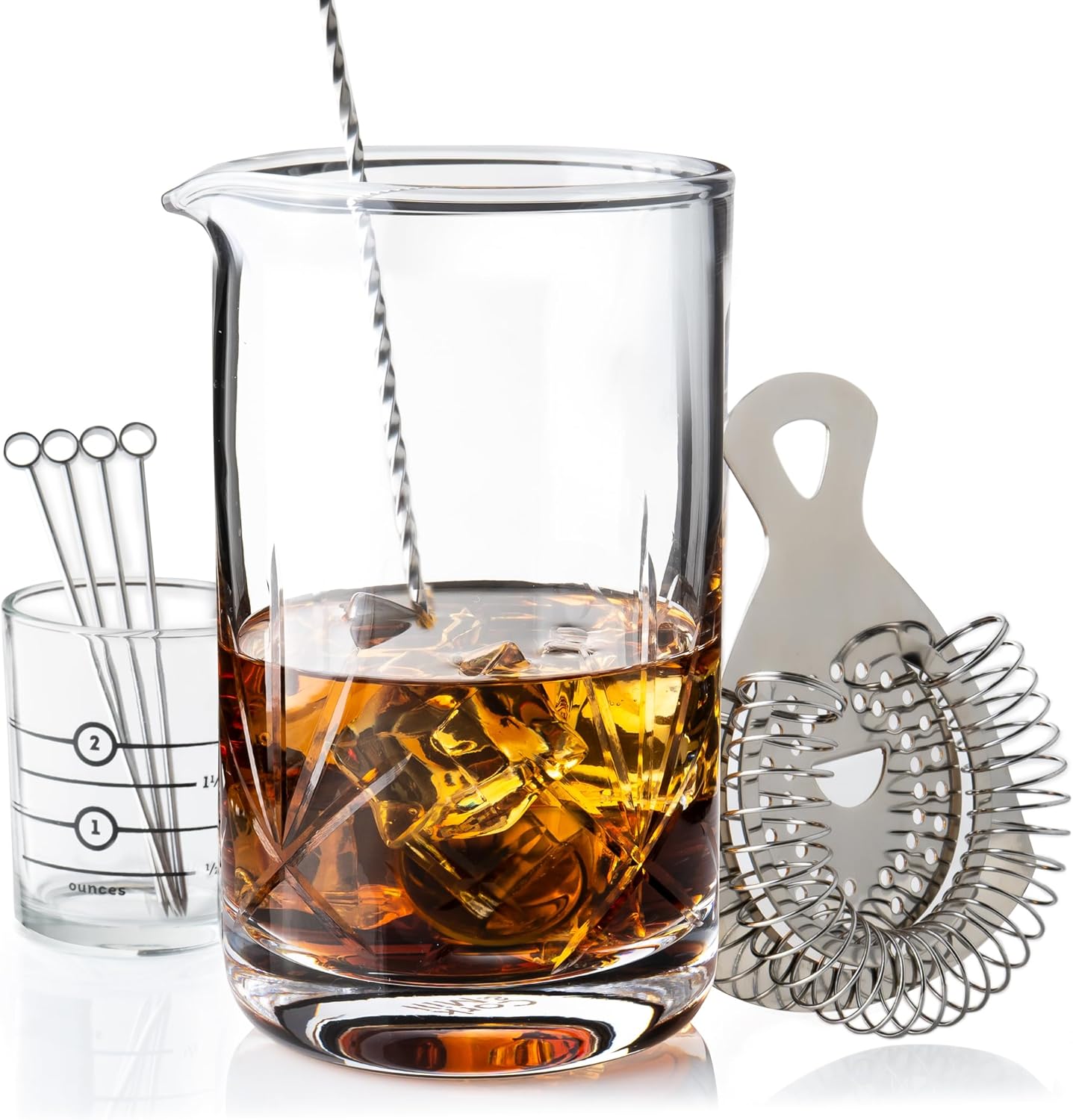 Cocktail Mixing Glass, Old Fashioned Kit, Large 24 oz Crystal Cocktail Mixer for Bartenders, 9-Piece Home Bar Accessories Set for Manhattans and Other Whiskey Drinks